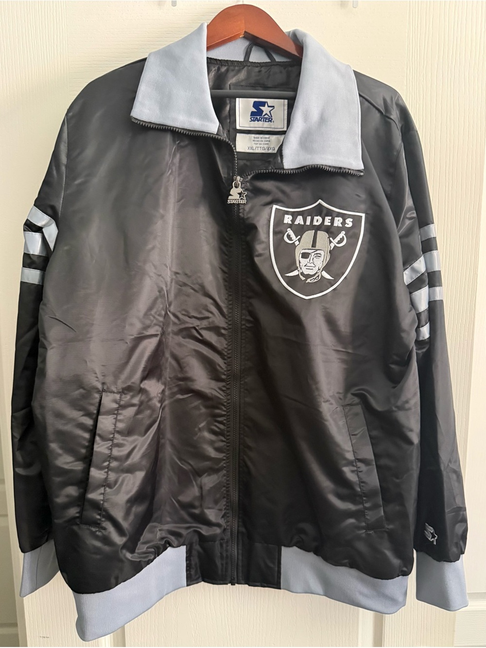 STARTER Black Satin Las Vegas Raiders Jacket with Gray Trim